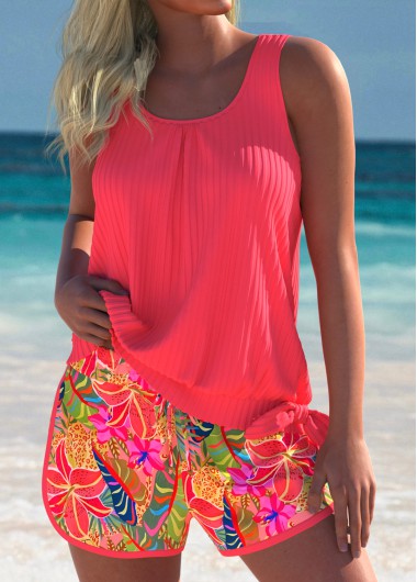 Modlily Mid Waisted Tropical Plants Print Hot Pink Tankini Set - L