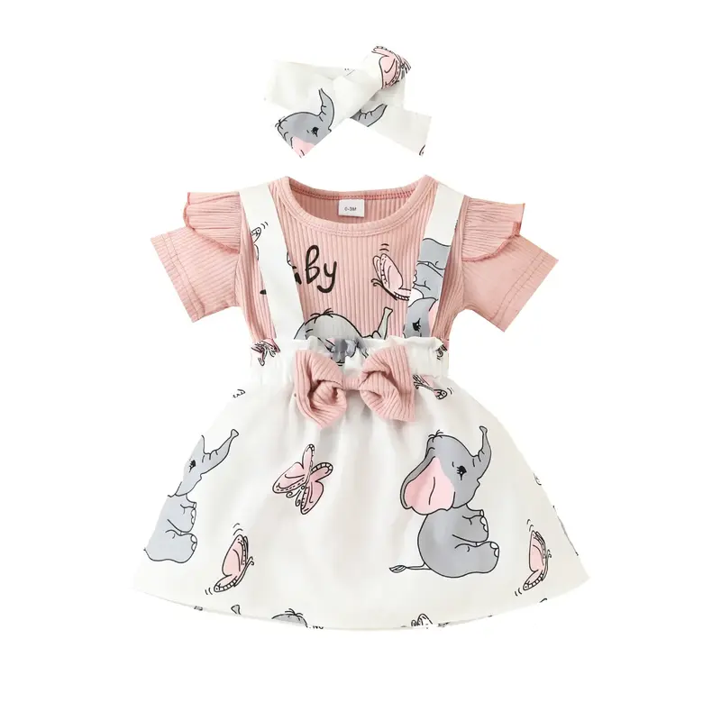 Toddler Baby Girl Summer Clothes Letter Elephant Print Short Fly Sleeve Romper Suspender Bib Straps Skirt