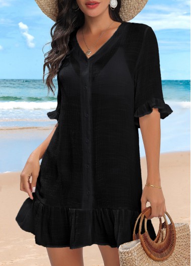Modlily Lightweight Black Button Up Cover Up - 3XL