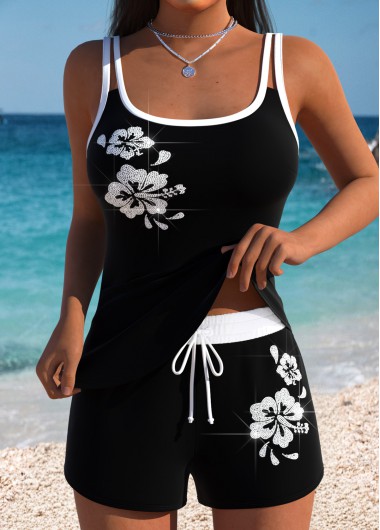 Modlily Black Hot-Fix Rhinestone Tummy Control Mid Waist Tankini Set - XXL
