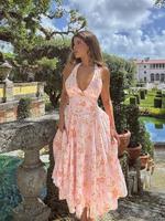 Women's Floral Print Tie Back Halter Neck Dress, Cute Elegant Sleeveless Backless A Line Midi Dress for Party Holiday Wedding...