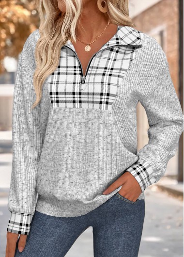 Modlily Grey Plaid Long Sleeve Turn Down Collar Sweatshirt - L