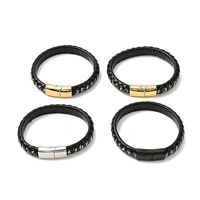 Black Leather & 304 Stainless Steel Rope Braided Cord Bracelet Magnetic Clasp for Men Women