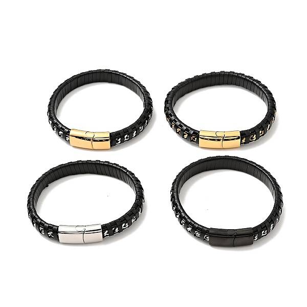 Black Leather & 304 Stainless Steel Rope Braided Cord Bracelet Magnetic Clasp for Men Women