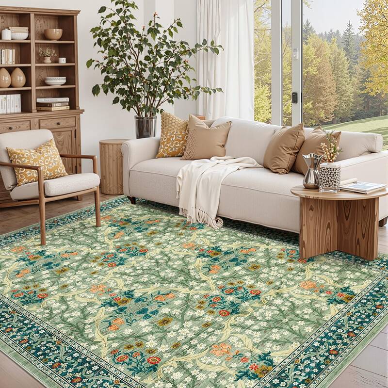 Garvee Vintage Floral Living Room Rug 8x10 Stain Resistant Machine Washable Soft Touch Low Pile Non-Slip Backing Indoor Bedro...
