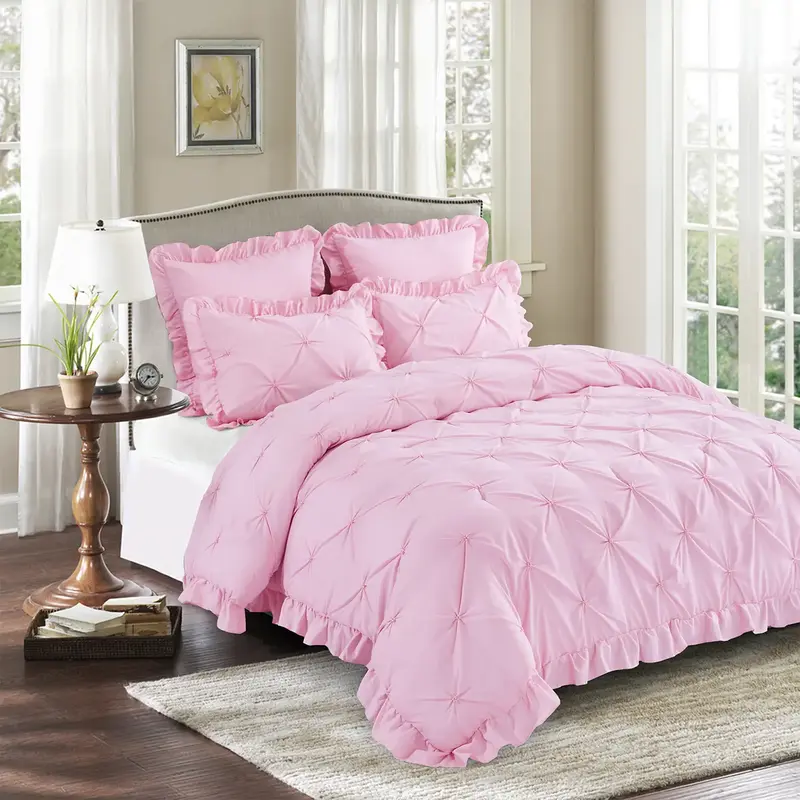 HIG 5 Piece Chic Comforter Set Lace Ruffled - Pintuck Pinch Pleat Design - Super Soft Prewashed Microfiber Lightweight in a B...