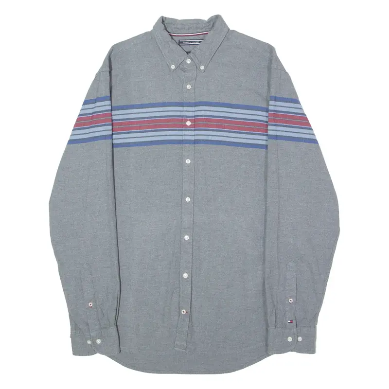 TOMMY HILFIGER New York Fit Mens Shirt Grey Striped Long Sleeve L