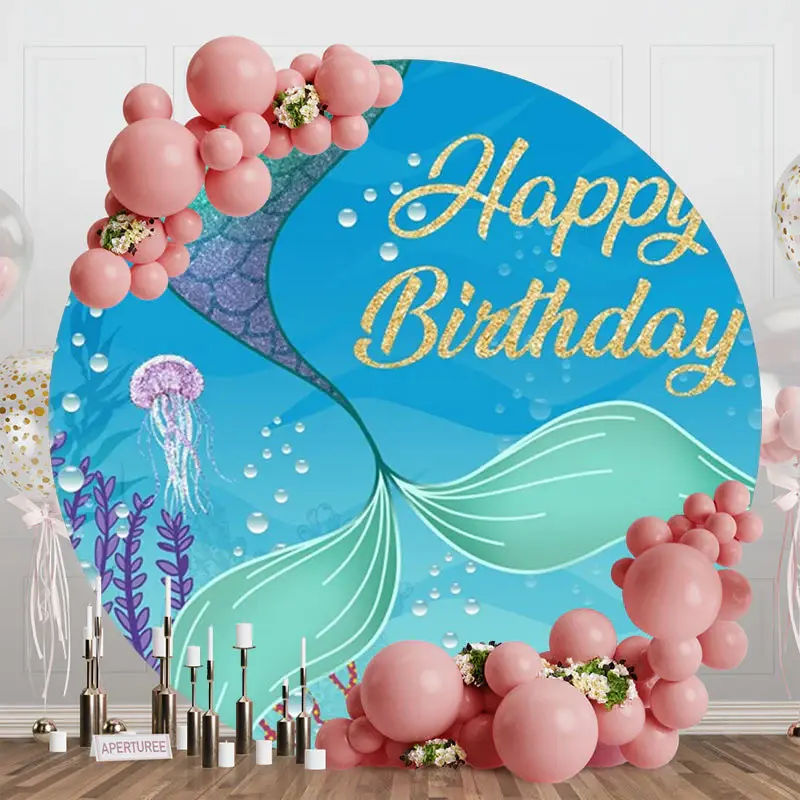 Round Undersea Glitter Mermaid Birthday Backdrop - Aperturee