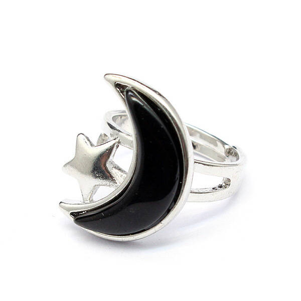 Moon & Star Natural Obsidian Adjustable Rings