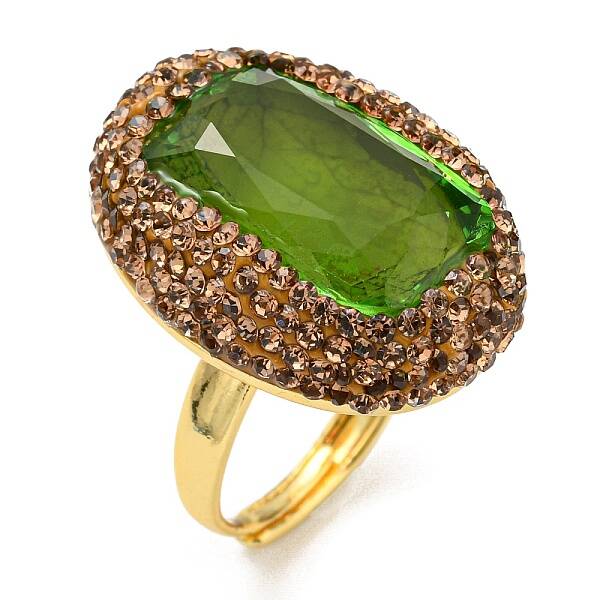 Olive Glass Rectangle Adjustable Ring with Rhinestone