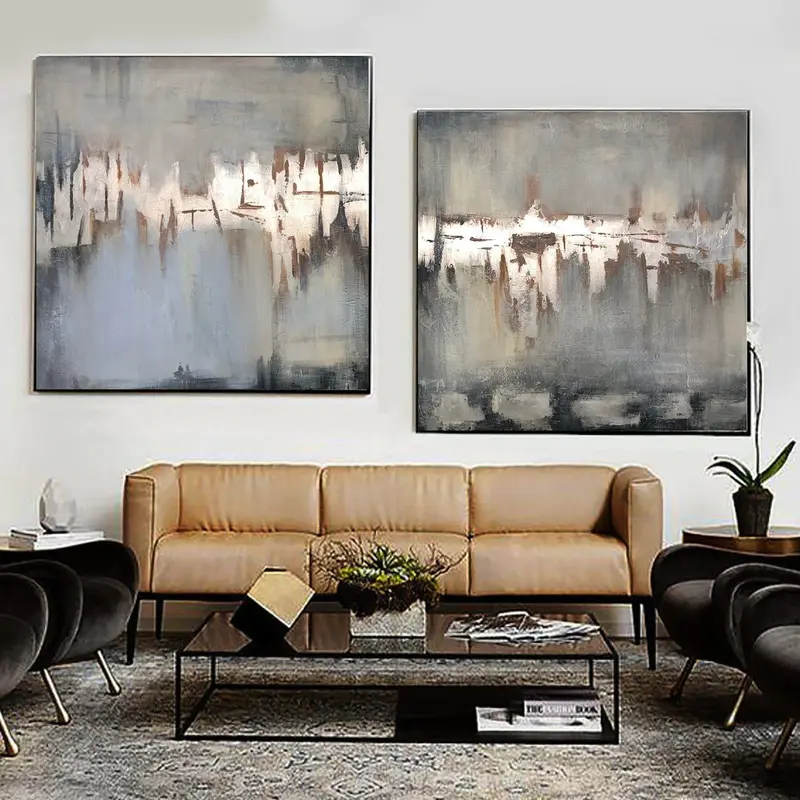 Large Abstract Set Of 2 Gold Leaf Paintings On Canvas Diptych Wall Art Modern Wall Decor | FALL RAIN
