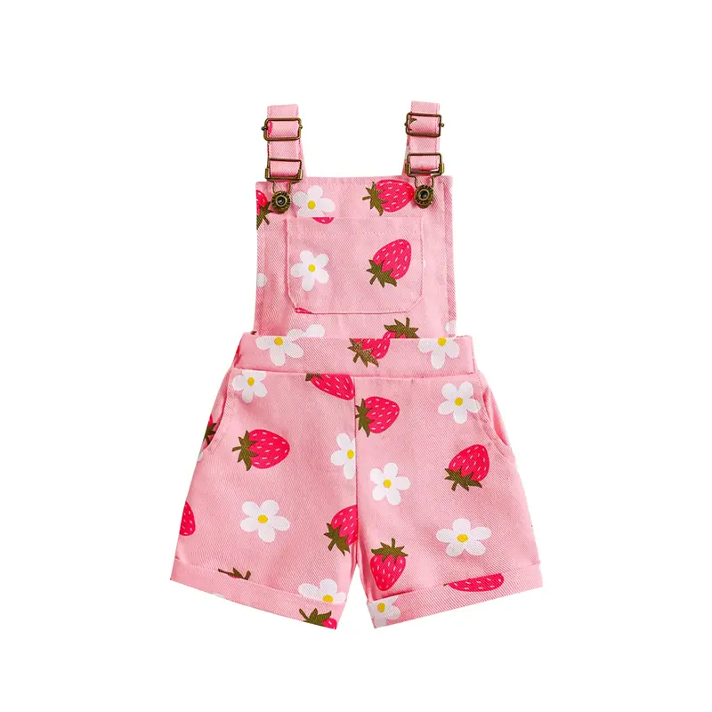 Little Girl Denim Overalls Flower/Strawberry Print Jeans Overalls Strap Suspender Shorts Outfit Cute Casual Fashion Fruit Tsh...