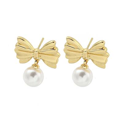 Bowknot Rack Plated Brass & ABS Pearl Stud Earrings for Women