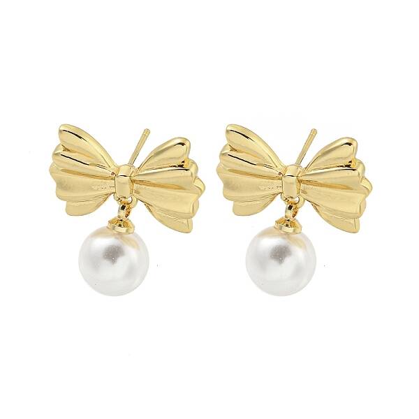 Bowknot Rack Plated Brass & ABS Pearl Stud Earrings for Women