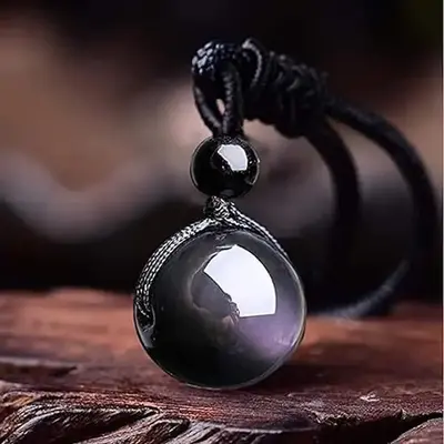 Natural 16mm Round Rainbow Obsidian Stone Pendant Men Women Lucky Protection Necklace Black Obsidian Talisman Necklace for Me...