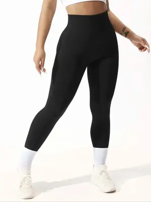 Women's Solid High Waist Sports Leggings, Comfy Breathable Skinny Pants, Yoga Gym Workout Running Bottoms for Summer Spring F...