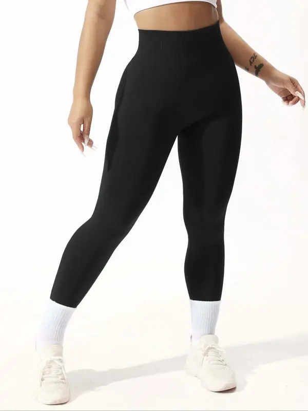 Women's Solid High Waist Sports Leggings, Comfy Breathable Skinny Pants, Yoga Gym Workout Running Bottoms for Summer Spring F...
