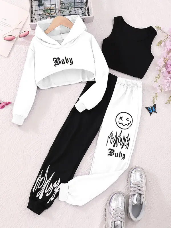 Girl's Letter & Cartoon Face Print Three-piece Set, Asymmetrical Hem Crop Hoodie & Colorblock Sweatpants & Plain Crop Tank To...