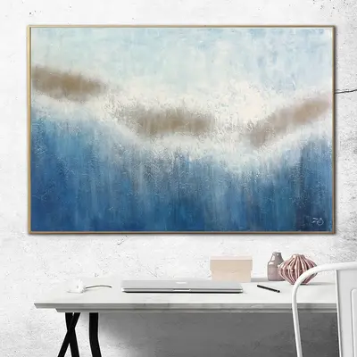 Oversized Blue Artwork White Abstract Painting On Canvas Abstract Art Painting Living Room Wall Decor Modern Large Original A...