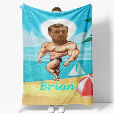 Customized Photo Musle Man Coastal Beach Blanket - Lofaris