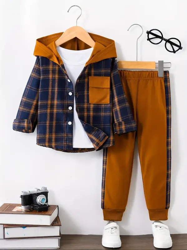 Two-Piece Set Boy's Patchwork Plaid Print Button Front Pocket Hooded Shirt & Pants Set, Casual Long Sleeve Top & Trousers for...