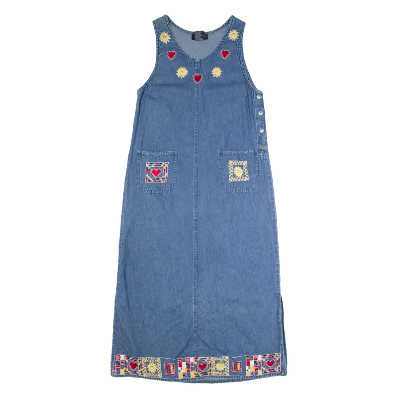 JAMIE BROOKE Womens Dungaree Dress Blue Denim 90s Sleeveless Long S