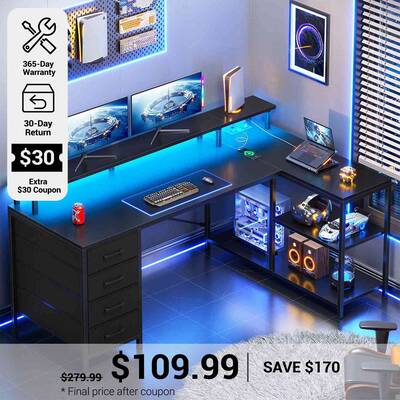 SEDETA 47.2 Inch L Shaped Desk with 4 Drawers and Storage Shelves L Shaped Gaming Desk with LED Lights Power Outlets Black Ho...