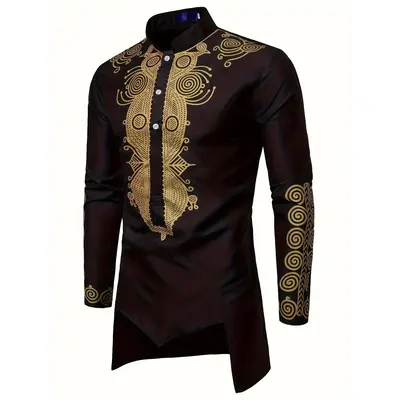2024Men's Geometric Graphic Print Long Sleeve Buttoned Robe For Cultural Activitiesdandy Indian Clothing Traditional Costume ...