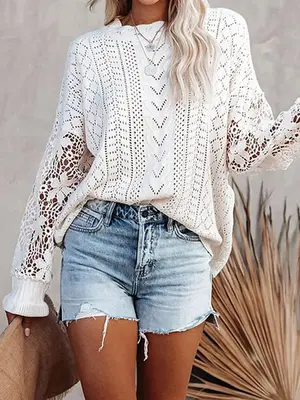 Women's Eyelet Embroidery Drop Shoulder Sweater, Casual Loose Knitting Top for Spring & Fall, Women's Knitwear for Daily Wear...
