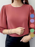 Women's Plain Bishop Sleeve Keyhole Neckline Blouse, Casual 3/4 Length Sleeve Top for Spring & Fall, Women's Clothing for Dai...