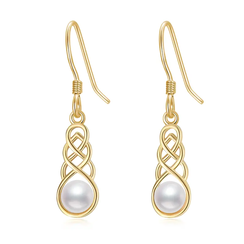 14K Gold Pearl Celtic Dangle Drop Earrings Jewelry Gifts for Women