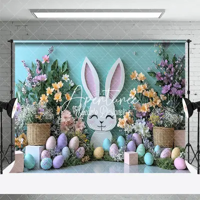 Aperturee Blue Wall Bunny Spring Floral Eggs Easter Backdrop, 3X2FT(1MX0.6M), 14 USD, easter backdrops, ENHD3J58-M