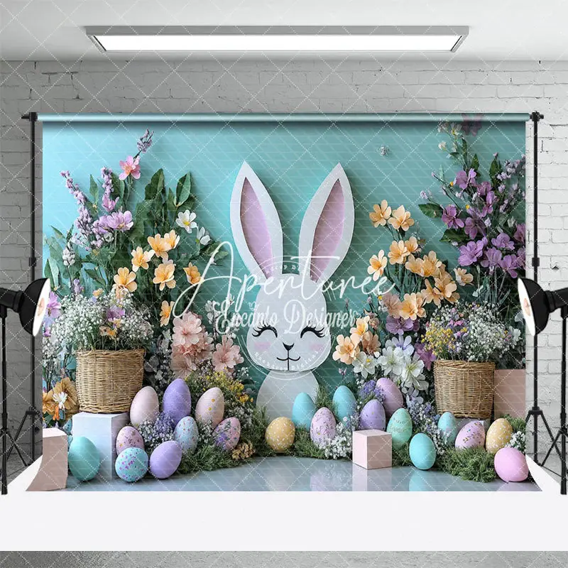 Aperturee Blue Wall Bunny Spring Floral Eggs Easter Backdrop, 3X2FT(1MX0.6M), 14 USD, easter backdrops, ENHD3J58-M
