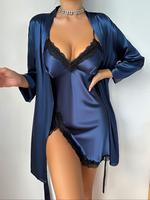 Women's Solid Faux Silk Longsleeves Belted Satin Robe & Contrast Lace Split Thigh Cami Nightdress Pyjama Set, Casual Elegant ...