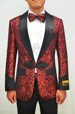 Smoking-2 Red Paisley Tuxedo Jacket With Matching Bowtie