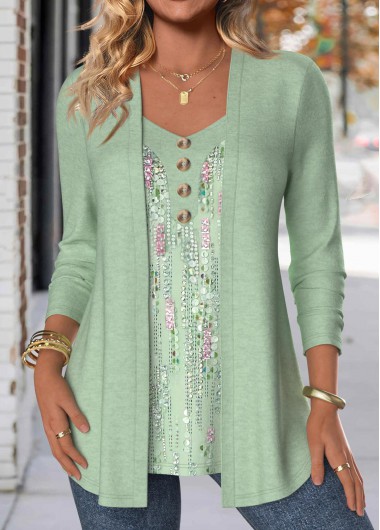 Modlily Light Green Button Geometric Print Fake Two Piece Twinset - XL