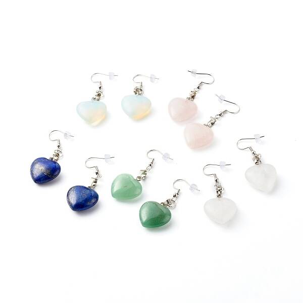 Natural & Synthetic Mixed Heart  Gemstone Dangle Earrings