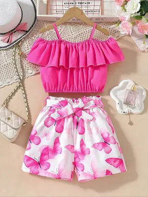 Two-piece Set Set Girl's Floral Print Ruffle Trim Crop Top & Belted Shorts, Casual Butterfly Sleeve Top & Shorts for Daily We...
