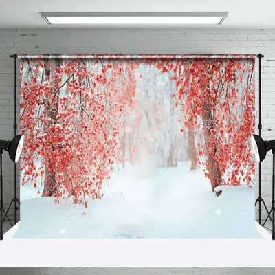 Aperturee Red Leaves Tree Forest Snow Winter Photo Backdrop - Aperturee