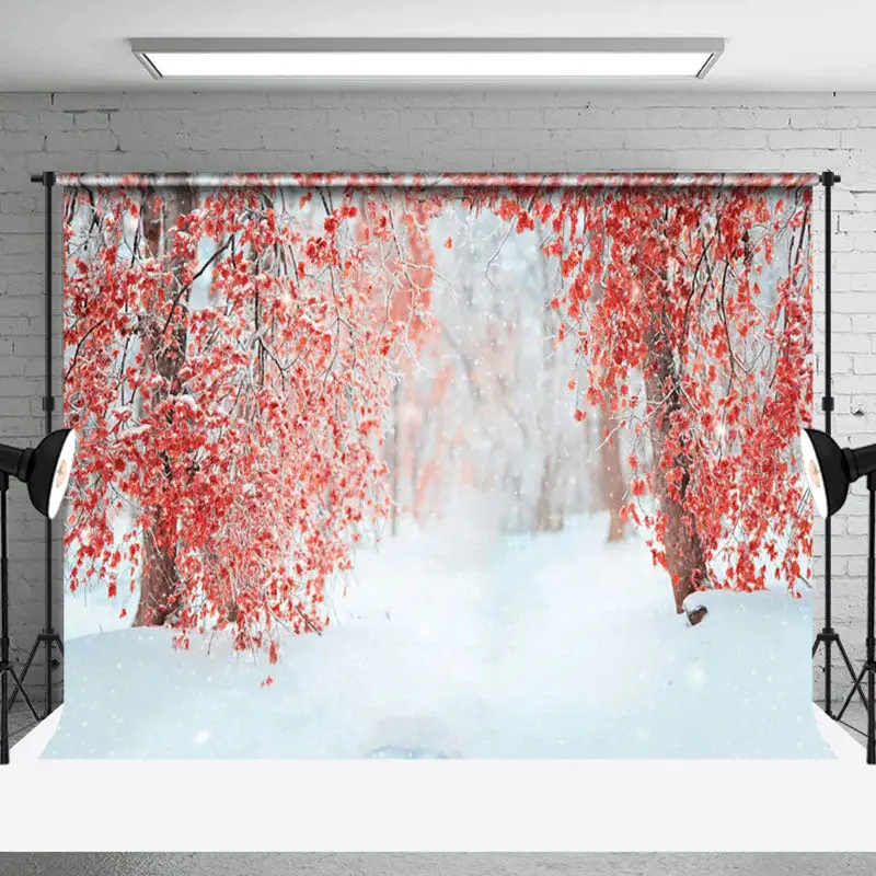 Aperturee Red Leaves Tree Forest Snow Winter Photo Backdrop - Aperturee