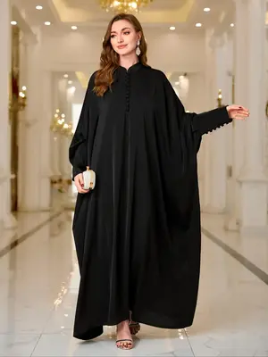 Arabic Clothing-Solid Button Front Batwing Sleeve Kaftan, Modest Mock Neck Long Sleeve Maxi Dress for Women, Women's Islamic ...