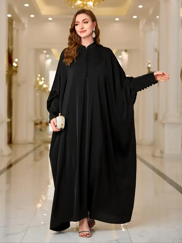 Arabic Clothing-Solid Button Front Batwing Sleeve Kaftan, Modest Mock Neck Long Sleeve Maxi Dress for Women, Women's Islamic ...