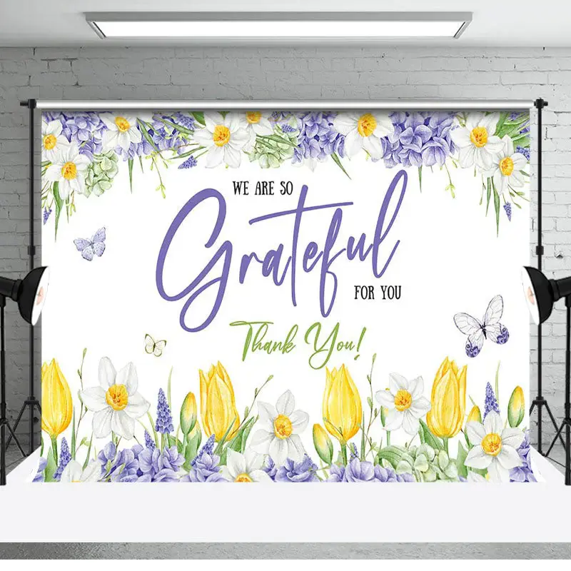 Purple Floral We Are So Grateful For You Backdrop - Aperturee