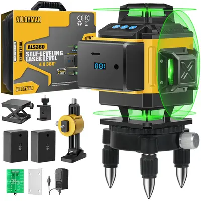 Alloyman 16 Lines Laser Level, Self Leveling 4x360° Green Laser Level with 2Pcs Rechargeable Lithium Batteries/Wall Mount/Re...
