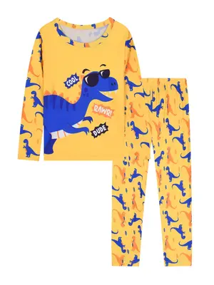 Boys 2-Piece Long Sleeve Pajama Set with Fun Dinosaur Print, Cozy Autumn Homewear for Kids, Adorable Sleepwear for Boys