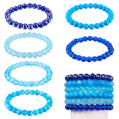 6Pcs 6 Styles 8mm Glass Round Beaded Stretch Bracelet Sets