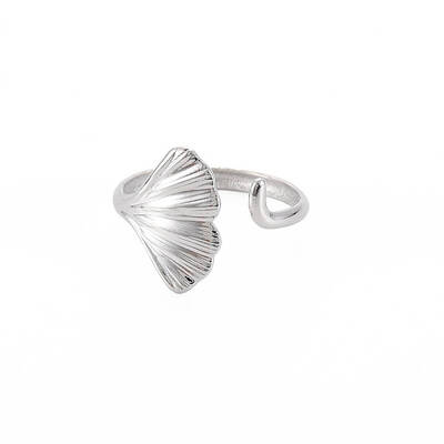 Non-Tarnish 304 Stainless Steel Ginkgo Leaf Wrap Open Cuff Ring for Women
