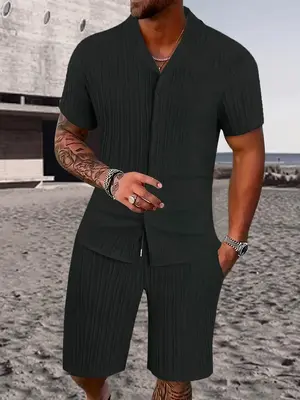 Men's Solid Textured Shortsleeve Shirt & Drawstring Waist Shorts Set, Regular Fit Casual Short Sleeve Top & Pocket Shorts, Me...