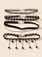 Hollow Lace Tassel Choker Necklace Set for Women, Geometric Floral Chain Rhinestone Pendant Design, Classic Vintage Chiffon L...