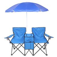 Blue Double Portable Picnic Chair with Removable Umbrella & Cup Holder - Foldable Camping Chair for Outdoor Activities - Perf...